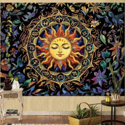 Tenture Murale Hippie Soleil Astrologique et Fleurs Célestes