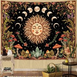 Tenture Murale Hippie Soleil Céleste et Phases Lunaires