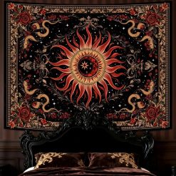 Tenture Murale Hippie Soleil Mystique, Serpents et Roses Rouges
