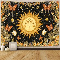 Tenture Murale Hippie Soleil Papillons Fleurs Dorées Céleste