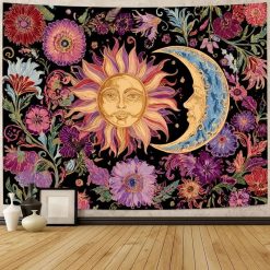 Tenture Murale Hippie Soleil et Lune au Jardin Fleuri Psychédélique