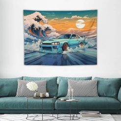 Tenture Murale Japonaise Bolide JDM entre Grande Vague et Mont Fuji