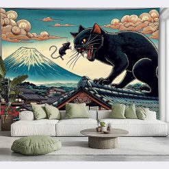 Tenture Murale Japonaise Estampe Chat Géant et Mont Fuji