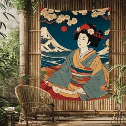 Tenture Murale Japonaise Geisha au Mont Fuji et Cerisiers en Fleurs