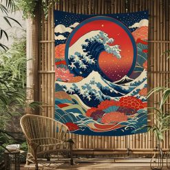 Tenture Murale Japonaise Grande Vague Fleurie au Soleil Rouge