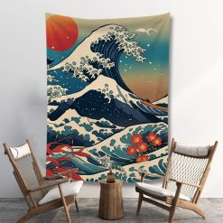 Tenture Murale Japonaise Grande Vague du Mont Fuji au Soleil Rouge