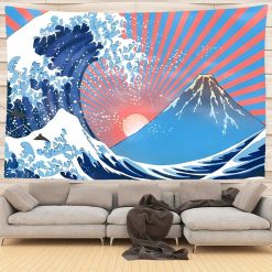 Tenture Murale Japonaise Grande Vague et Mont Fuji au Soleil Levant