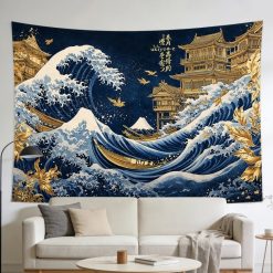 Tenture Murale Japonaise Grande Vague et Temples Dorés du Mont Fuji