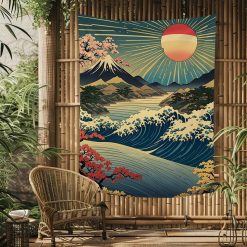 Tenture Murale Japonaise Mont Fuji et Vagues au Soleil Levant
