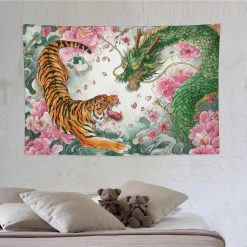 Tenture Murale Japonaise Tigre et Dragon parmi les Pivoines