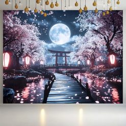 Tenture Murale Japonaise Torii sous la Pleine Lune et Cerisiers en Fleurs