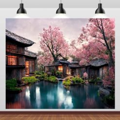 Tenture Murale Japonaise Village Traditionnel aux Cerisiers en Fleurs