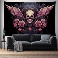 Tenture Murale Tête de Mort - Crâne Ailé aux Roses Gothiques