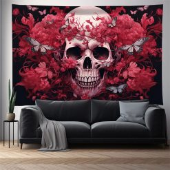 Tenture Murale Tête de Mort - Crâne Fleuri sous la Lune