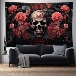 Tenture Murale Tête de Mort - Crâne aux Roses et Papillons