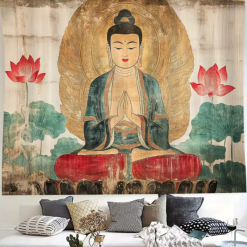 Tenture murale Bouddha Méditation Lotus Or