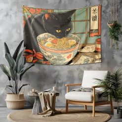 Magnifique Tenture Murale Japonaise Chat Ramen Nouilles