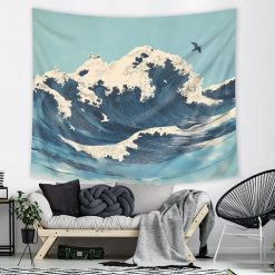 Magnifique Tenture Murale Japonaise Vague Océan Oiseaux Bleue