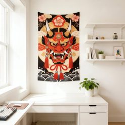 Magnifiqueu Tenture Murale Japonaise Masque Oni Rouge Nuages Fleurs