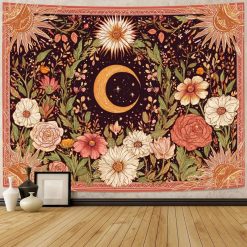 Tenture Murale Bohème Croissant de Lune au Jardin Fleuri