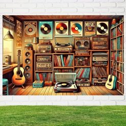 Tenture Murale Design Studio Musique Rétro Vinyles Guitares