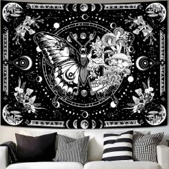 Tenture Murale Hippie Papillon Macabre Noir et Blanc, Crâne et Champignons Mystiques