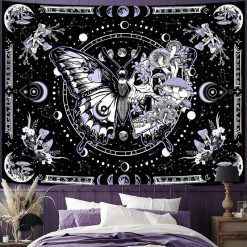 Tenture Murale Hippie Papillon Macabre Violet, Crâne et Champignons Cosmiques