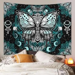 Tenture Murale Hippie Papillon Tête de Mort et Mandala Lunaire Turquoise