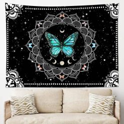 Tenture Murale Hippie Papillon Turquoise et Mandala aux Phases Lunaires