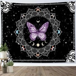 Tenture Murale Hippie Papillon Violet et Mandala aux Phases Lunaires