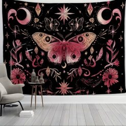 Tenture Murale Hippie Papillon de Nuit Rose et Croissants de Lune Mystiques