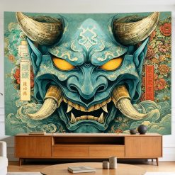 Tenture Murale Japonaise Masque Oni Démons Fleurs