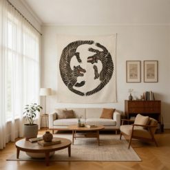 Tenture Murale Japonaise Tigres Yin Yang Cercle Rouge
