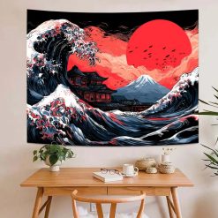 Tenture Murale Japonaise Vague Temple Mont Fuji Soleil Rouge