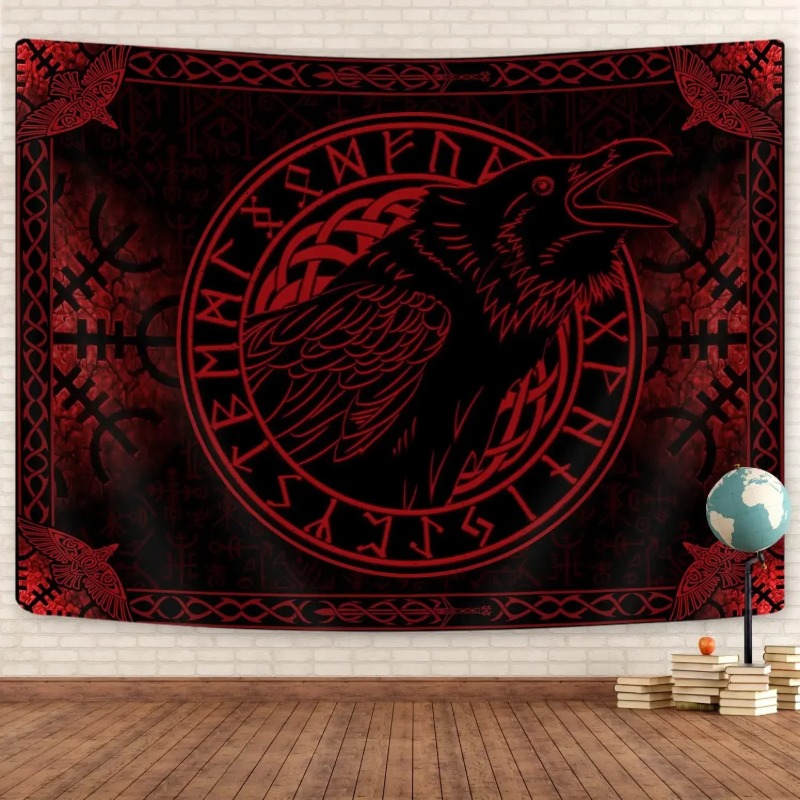 Tenture Murale Viking Corbeau d’Odin aux Runes Sanglantes
