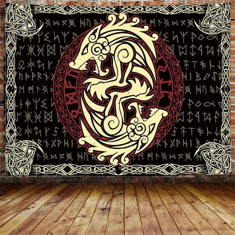 Tenture Murale Viking "Dragons Nordiques Entrelacés aux Runes"