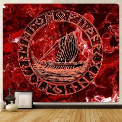 Tenture Murale Viking Drakkar de Feu aux Runes Ancestrales