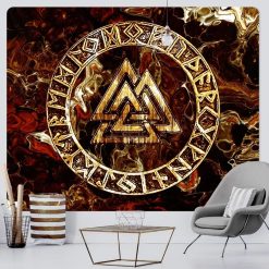 Tenture Murale Viking Valknut d’Or aux Runes Ancestrales