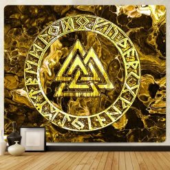 Tenture Murale Viking Valknut d’Or aux Runes Sacrées