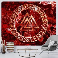 Tenture Murale Viking "Valknut de Feu aux Runes Ancestrales"
