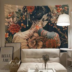 Tenture murale Japonaise Femme Tatouée Fleurs et Papillons