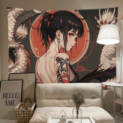 Tenture murale Japonaise Fille Tatouée Dragon Cercle Rouge
