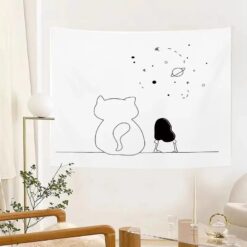 Tenture Murale Art Fille et Chat Face aux Étoiles