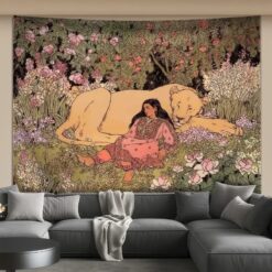 Tenture Murale Bohème Femme et Lionne aux Roses