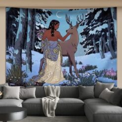 Tenture Murale Bohème Rencontre Mystique en Forêt Enneigée