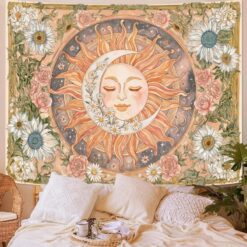 Tenture Murale Bohème Soleil et Lune aux Tournesols Alliance Céleste et Fleurs d'Été