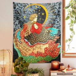 Tenture Murale Hippie Amants Cosmiques "Étreinte Sous la Lune"