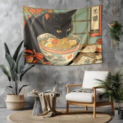Tenture Murale Japonaise « Chat Noir et Bol de Ramen »