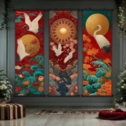 Tenture Murale Japonaise Envol de Grues sur Vagues 30x90cm - Lot de 3 pièces !