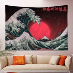 Tenture Murale Japonaise “Grande Vague au Soleil Rouge”